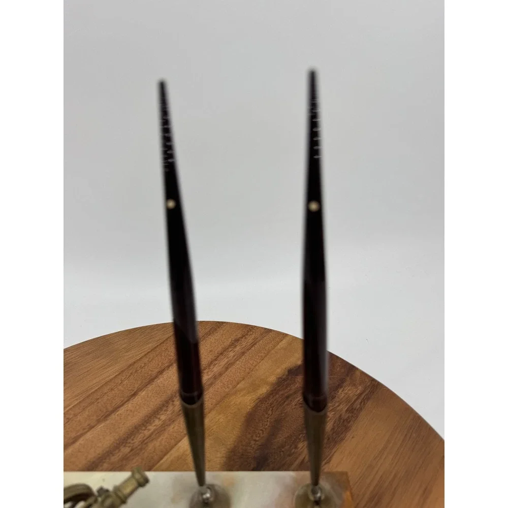 Vintage Onyx Marble Desk Set Brass Cannon Double Pen Stand Executive Office
